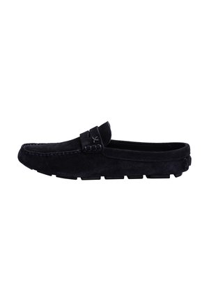 Black suede men's loafer with slip-on design, stitched details, and rubber sole with grip pads.