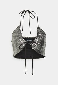 Top corto nero con paillettes e legature regolabili al collo, caratterizzato da una forma aderente e bordi scallop.