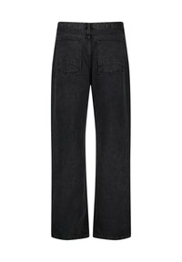 Mustat farkut, joissa on leveät lahkeet ja korkea vyötärö. Ominaisuuksiin kuuluvat kaksi takataskua ja siisti viimeistely, joka korostaa rentoa siluettia.