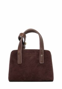 Brown suede handbag with leather handles, rectangular shape, stitched detailing, and a small tag on the front. Compact design.