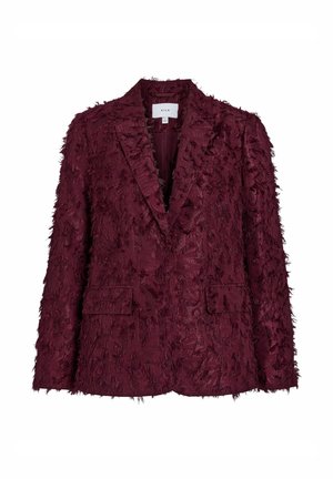 Blazer bordeaux avec un tissu texturé et effiloché, deux poches avant et un revers cranté. Coupe ajustée avec un décolleté en V profond.