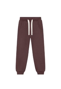 Bordeaux joggebukser med ribbet liv, hvite snorer, sidelommer og ribbet mansjetter ved anklene.
