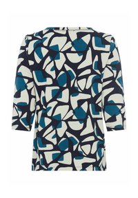Driekwart mouw top met een marineblauwe en witte geometrische patroon met accenten in teal. Gemaakt van een zachte, lichtgewicht stof.