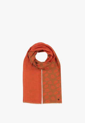Sciarpa arancione e marrone con tessuto testurizzato e motivo di labbra rosse. Rifinita con bordi frangiati. Design morbido e leggero.