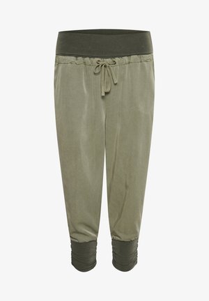 Oliwkowe, krótkie spodnie z elastycznym pasem, z detalem sznurkowym i zgromadzonymi mankietami. Gładka faktura i luźny krój.