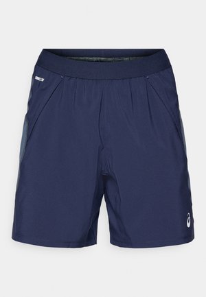 Shorts de sport bleu marine avec taille élastique, poches latérales et accents gris clair. Fabriqués en tissu léger et lisse pour le confort.