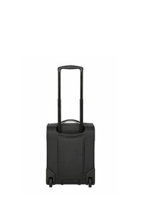 Maleta negra con ruedas, mango retráctil, tela texturizada, esquinas reforzadas y ruedas de rodadura suave, diseñada para la durabilidad y la movilidad.