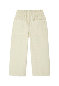 Creme-colored wide-leg pants made of textured fabric with an elastic waistband and two back pockets. Features a subtle pattern throughout.