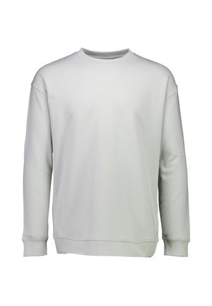 Ljusgrå sweatshirt i mjukt tyg, med rund hals, långa ärmar och ribbad mudd och nederkant. Inga synliga logotyper eller mönster.