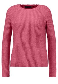 Pink ribbed knit sweater with long sleeves, round neckline, and textured fabric. Simple design with a fitted silhouette.