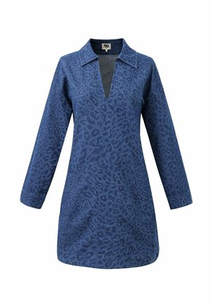 Blauwe tuniekjurk met lange mouwen, subtiel luipaardprintje, diepe V-hals en een losse pasvorm.