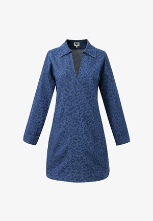 Blauwe tuniekjurk met lange mouwen, subtiel luipaardprintje, diepe V-hals en een losse pasvorm.