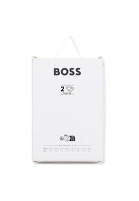 Belo pravokotno pakiranje z oznako "BOSS", ki vsebuje dve bombažni raztegljivi hlačke za deklice, z natisnjenimi ikonami velikosti in nege.