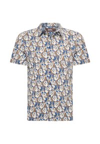 Korte mouwen overhemd in lichtbruin, met een bloemenpatroon in wit en blauw, voorzien van een gespreide kraag en textielstof.