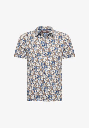 Camicia a maniche corte con bottoni di colore marrone chiaro, caratterizzata da un motivo floreale in bianco e blu, con colletto aperto e tessuto testurizzato.