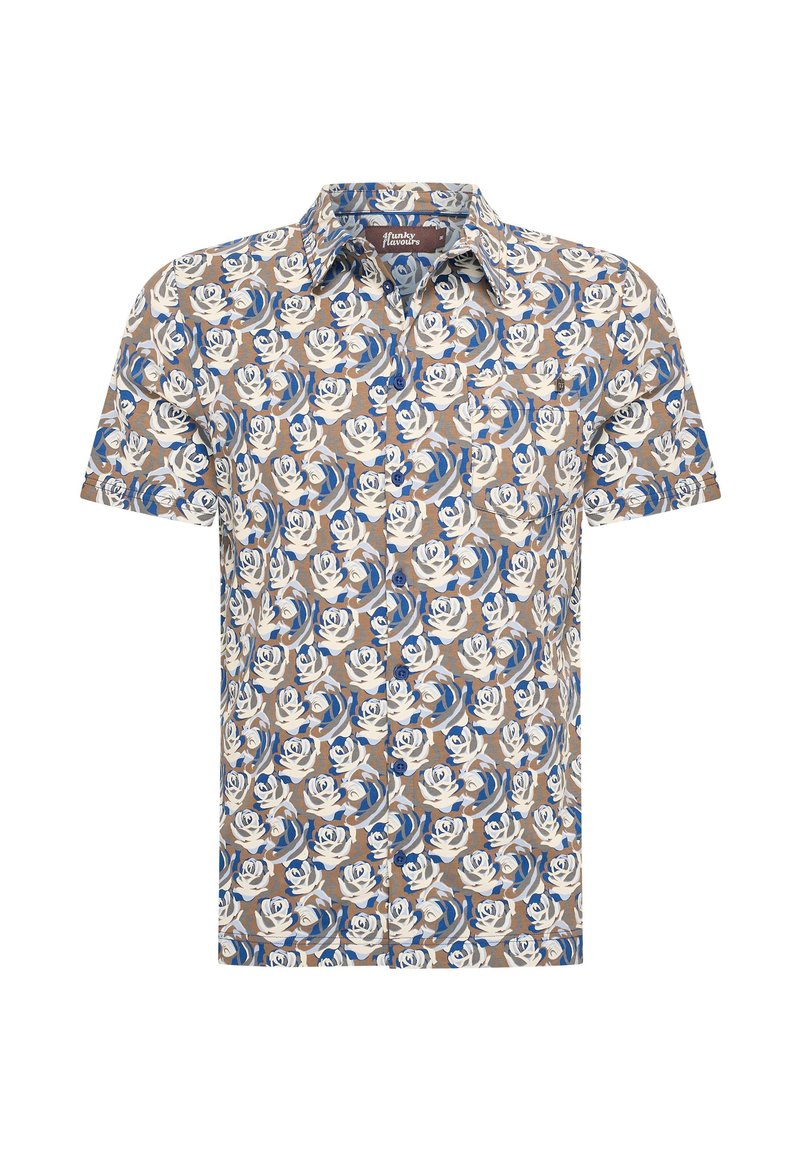 Korte mouwen overhemd in lichtbruin, met een bloemenpatroon in wit en blauw, voorzien van een gespreide kraag en textielstof.