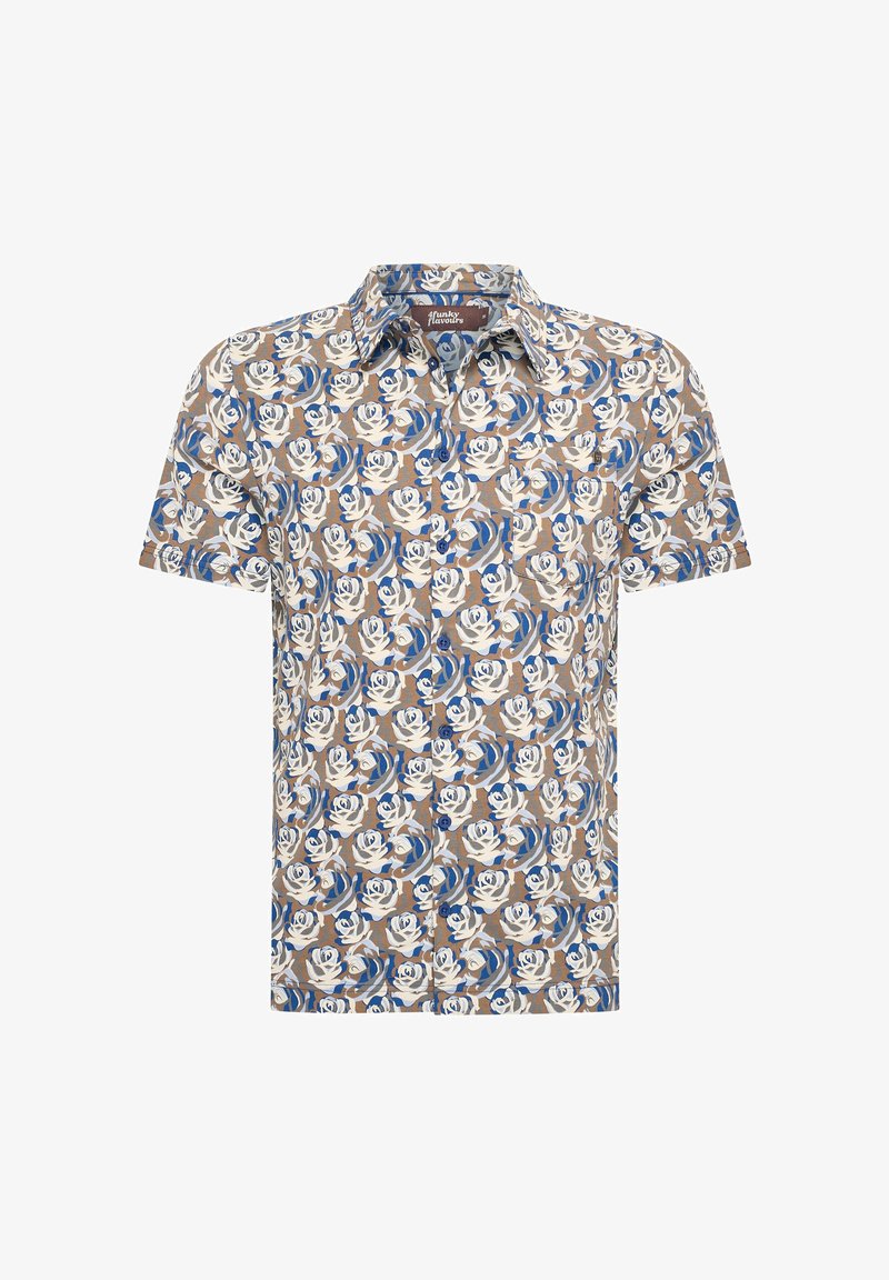 Camicia a maniche corte con bottoni di colore marrone chiaro, caratterizzata da un motivo floreale in bianco e blu, con colletto aperto e tessuto testurizzato.