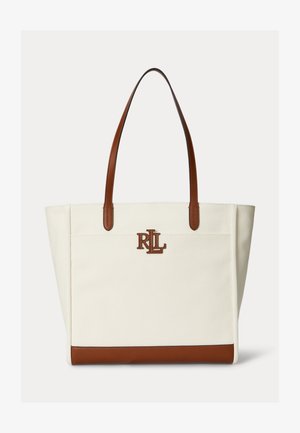 Kremo spalvos drobinė pirkinių rankinė su rudos odos rankenomis ir apdaila, priekyje centre siuvinėtas RL logotipas.