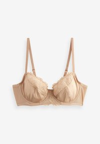 Lichtbeige bh met kantafwerking, gepadde cups, doorschijnend kant in het midden, verstelbare bandjes en een gladde satijnen afwerking.