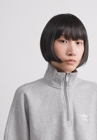 Sudadera de forro polar gris con cuello alto y media cremallera, que presenta un logotipo de Adidas en blanco en el lado izquierdo del pecho. Textura suave, corte relajado.