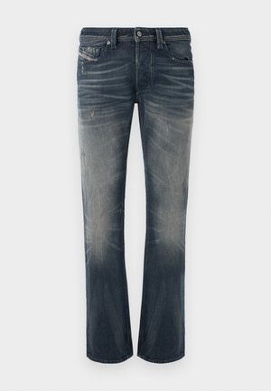 Light-wash, straight-leg jeans in dark blue denim with faded sections, subtle whiskering, and distressed details. Button closure with five pockets.