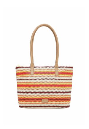 Torba na zakupy z wielokolorowymi poziomymi paskami w kolorach pomarańczowym, czerwonym, żółtym, białym i brązowym, wyposażona w beżowe uchwyty oraz małą przednią metkę.