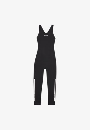 Black one-piece jumpsuit made of stretchy material. Features a v-neckline, logo on the chest, and white stripes along the legs.