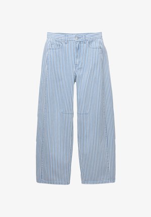 Modré a bílé pruhované kalhoty s širokým střihem vyrobené z látky s jemnou texturou. Obsahují dvě přední kapsy a zapínání na knoflíky.