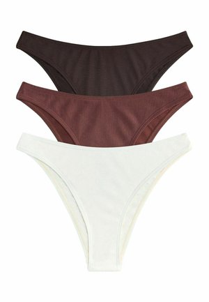 Three women's bikini-style underwear in dark brown, maroon ribbed fabric, and plain white, stacked vertically on a white background.