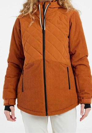 Quilted corduroy jacket in burnt orange, featuring a zip closure, black accents, two side pockets, and a hood for added warmth.