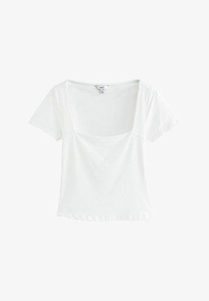 Hvid top med korte ærmer og firkantet halsudskæring, lavet af letvægtsstof. Har en tætsiddende pasform og glat tekstur.