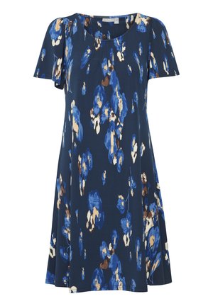 Tamsiai mėlyna trumpomis rankovėmis suknelė A linijos silueto, su gėlių raštu mėlynos, kreminės ir rudos spalvų atspalviais. Minkšta medžiaga su kirpčiukais kaklo linijoje.