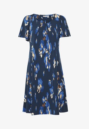 Abito blu navy a maniche corte con una silhouette a trapezio, caratterizzato da un motivo floreale nelle tonalità del blu, crema e marrone. Tessuto morbido con scollo plissettato.