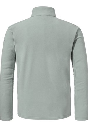 Hellgraue Fleecejacke mit langen Ärmeln und Stehkragen, von hinten auf weißem Hintergrund dargestellt.