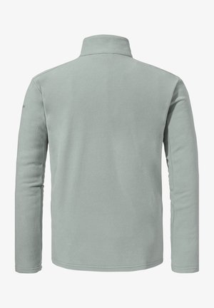 Hellgraue Fleecejacke mit langen Ärmeln und Stehkragen, von hinten auf weißem Hintergrund dargestellt.