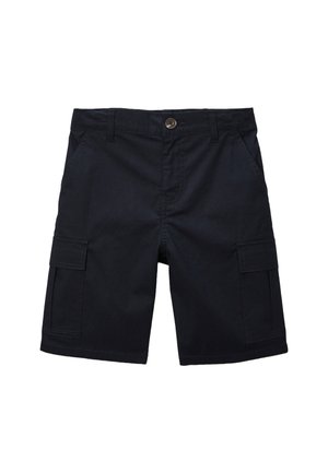 Shorts cargo noirs avec bouton avant, passants de ceinture, poches latérales et poches à rabat sur chaque jambe.