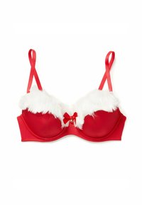 Rote Lingerie mit einem weichen weißen Kunstpelzbesatz oben, ausgestattet mit einer kleinen roten Schleife und einem goldenen Glockenanhänger in der Mitte.