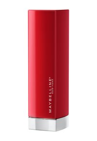 Rote rechteckige Flasche mit glänzender Oberfläche, silbernem Boden und weißem Maybelline-Logo. Glatte Textur mit scharfen Kanten.
