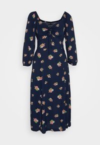 Robe midi bleu marine avec manches longues bouffantes, décolleté carré, buste froncé et imprimé floral multicolore de petites fleurs.