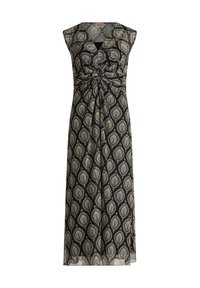 Maxikleid aus schwarzem Stoff mit einem Blattmuster in Beige. Ärmelloses Design mit gerafftem Bustier und fließendem Rock. Texturiert und leicht.