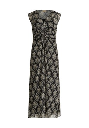 Maxikleid aus schwarzem Stoff mit einem Blattmuster in Beige. Ärmelloses Design mit gerafftem Bustier und fließendem Rock. Texturiert und leicht.