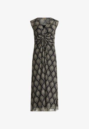 Maxi-jurk van zwarte stof met een bladpatroon in beige. Mouwloos ontwerp met een geplooide buste en een vloeiende rok. Gevarieerd en lichtgewicht.