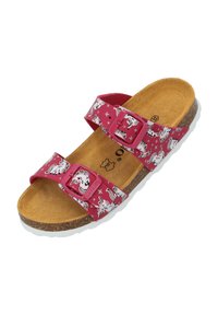Roze kindersandalen met een eenhoorn- en sterrenprint, met twee verstelbare bandjes, een kurken voetbed en een witte rubberen zool.