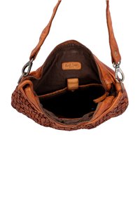 Brown woven leather shoulder bag with a partially unzipped top, showing dark fabric interior and an inner pocket with a leather brand label.