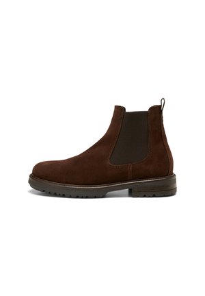 Braune Wildleder Chelsea Boots mit elastischen Seiteneinsätzen, runder Zehenform und strukturiertem Gummisohle. Verfügt über eine Zuglasche für leichtes An- und Ausziehen.