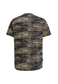 T-shirt à manches courtes en noir et beige, présentant un motif abstrait texturé. Coupe standard avec un col rond et un ourlet droit.