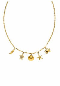 Gouden ketting met vijf bedels: zeepaardje, schildpad met rhinestones, schelp, sterrenvis en krab, aan een schakelketting.