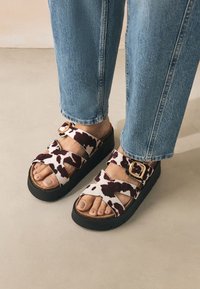 Lehmamustriga libisevad sandaalid ristikujuliste rihmade, kuldse pinnaga pandla ja musta platvormpõhjaga. Kombineeritud siniste teksapükstega. Beež taust.