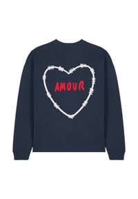Felpa blu navy con un design a forma di cuore con filo spinato bianco. La parola "AMOUR" è ricamata in rosso all'interno del cuore. Collo rotondo e polsini a costine.