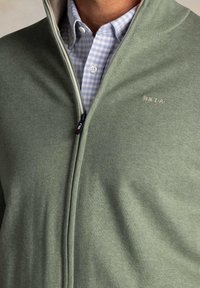 Licht olijfgroen zip-up sweater van zachte stof, met een geribbelde kraag en een subtiel logo. Draag het over een blauw-witte geblokte blouse.